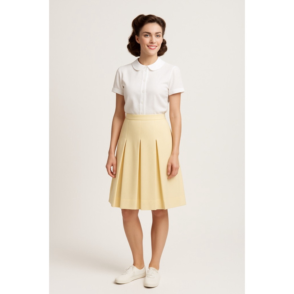 Vintage Pleated Knee Length Skirt Buttercream Pale Yellow Summer Weight Wool 10
